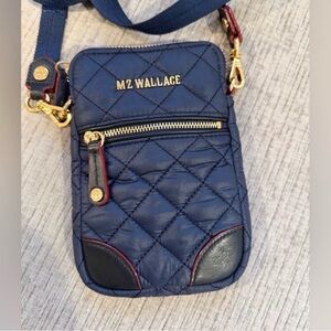 MZ Wallace Blue Quilted Micro Mini Crossbody with Gold and Red Accents